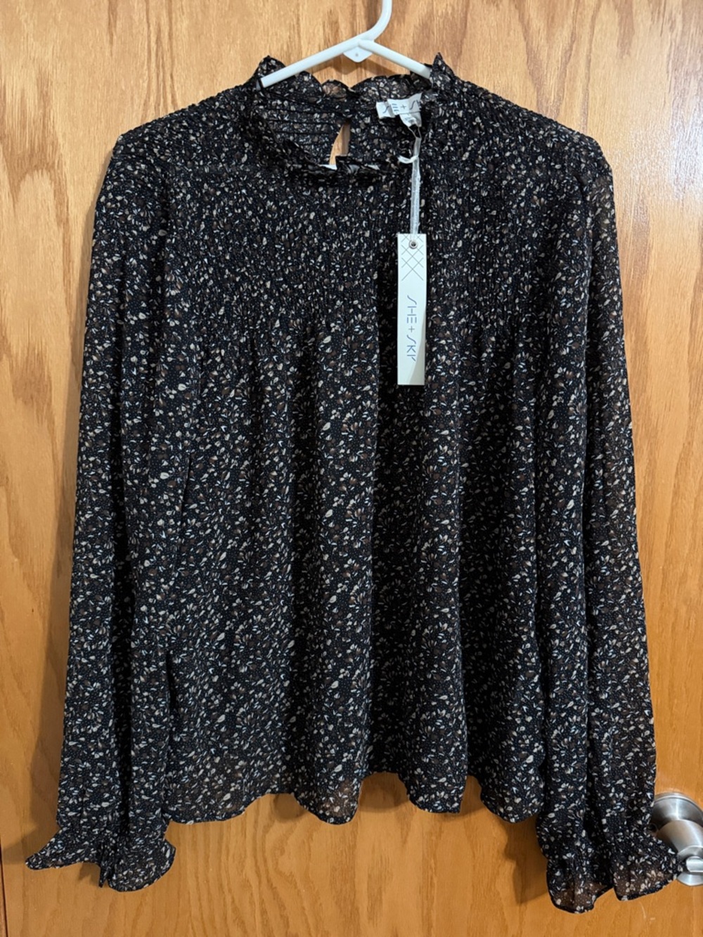 She + Sky Black Floral Ruffle Neck Long-Sleeve Blouse